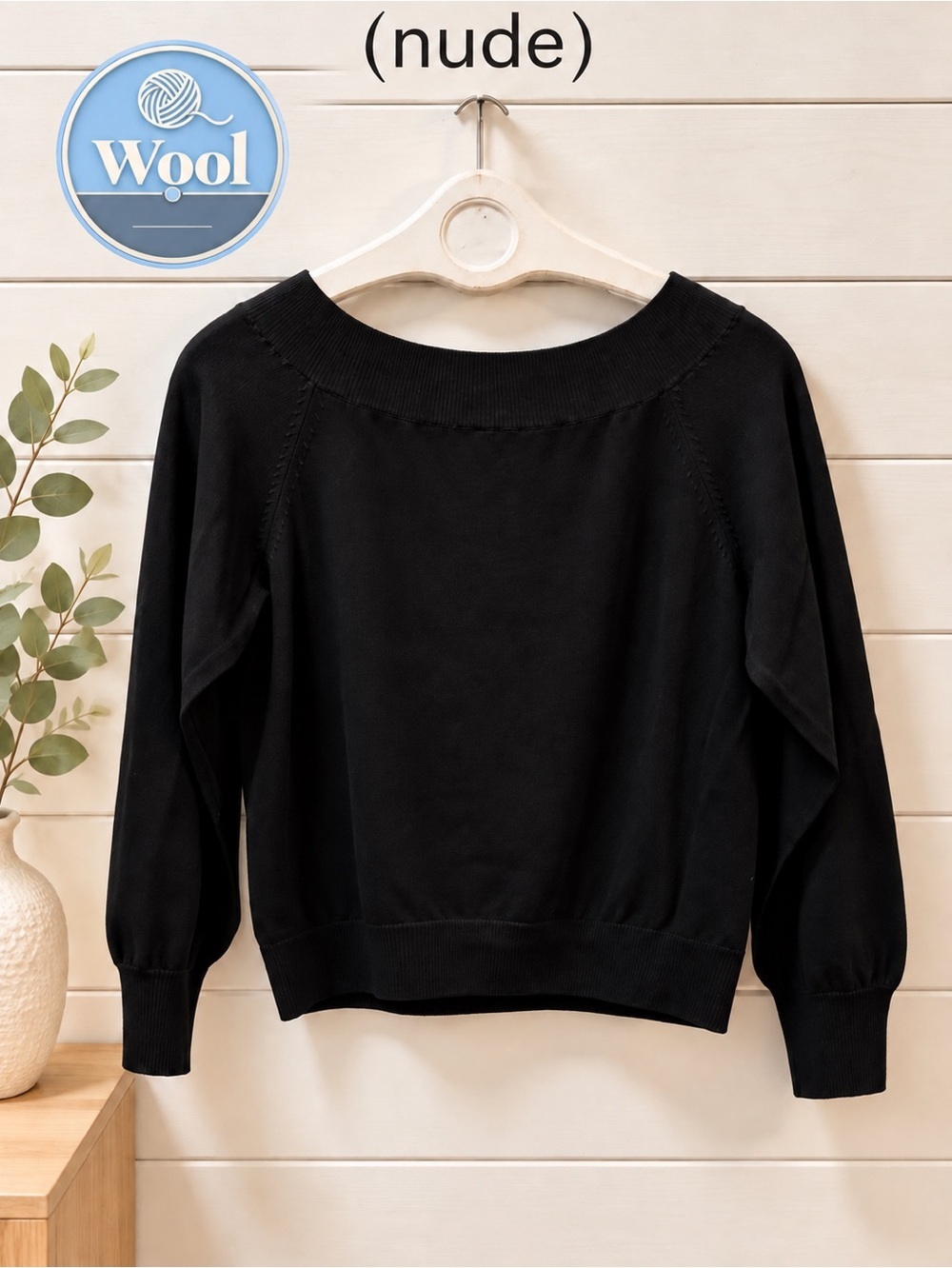 (NUDE) Black Virgin Wool Knit Top Open Sleeve Detail Size 40